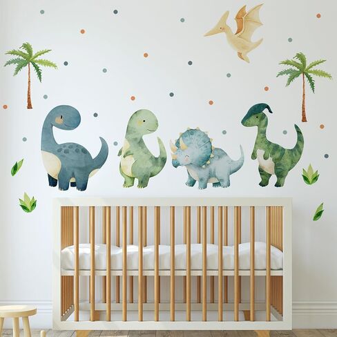 Large Dinosaurs Wall Decals, Dino Animal Tropical Palm Tree Home Decorations, Self Adhesive Dinosaurs Wall Art Sticker for Baby Nursery Kids Room Home Decor (Green Boho Dinosaurs Dot Decals) in Kuwait