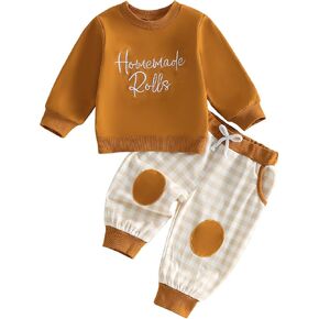 Afunbaby Thanksgiving Toddler Boy Girl Outfit Sweatshirt Pants Fall Clothes | Infant Fall Winter Clothes Homemade Rolls Embroidery Long Sleeve Sweatshirts Pullover Pants 2Pcs Set in Saudi Arabia