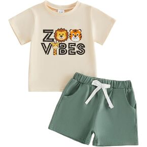 Kavousa Toddler Boy Summer Outfits Zoo Animal Shorts Sets | Baby Boy Short Sleeves T-Shirt Plaid Shorts Set Infant Boy Clothes Set in Saudi Arabia
