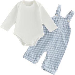 Newborn Infant Baby Boy Clothes Long Sleeve Romper Top Gingham Plaid Overall Pants Hat 3Pcs Fall Winter Outfits Set in Saudi Arabia