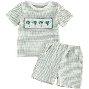 Halloween Outfit Ghost Embroidery Crewneck T Shirt Shorts Set | Letter and Pumpkin Embroidery, Cotton Blend, Crewneck, Short Sleeve, suitable for Halloween Activities, Toddler Boy in Saudi Arabia
