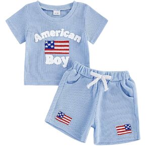 Afunbaby 4th Of July Toddler Baby Boy Outfit Fourth Of July Usa Flag Embroidery Waffle Stripes T-Shirt Tops Shorts Summer Set in Saudi Arabia