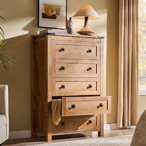 T4TREAM 48" Tall Farmhouse 5-Drawer Dresser for Bedroom, Antique White | Rustic chests of drawers, Wood Storage Cabinet, Metal Handle, Unique Corner Accent, Bedroom, Living Room, Hallway in Kuwait