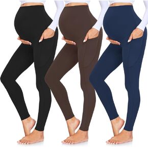 GROTEEN 3 Pack Women's Maternity Leggings Over The Belly with Pockets Casual Athletic Home Yoga Pants Gifts for Pregnant Wife Lightning Deal Black/Brown/Navy Blue in Kuwait
