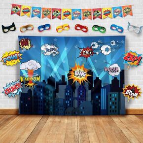 Superheroes Theme Party Photography Backdrop with Prop, Flag & Mask. Super Hero Cityscape Photo Booth Background for Kids Party, Birthday Wall Decorations in Saudi Arabia
