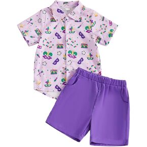 Mardi Gras Toddler Boy Outfit Masks Print Short Sleeve Shirt Shorts Set Baby Boy Carnival Clothes in Saudi Arabia
