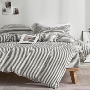 JELLYMONI 100% Cotton Classic Striped Queen Duvet Cover Set, Grey | Breathable Softness, Oeko-Tex Certified, Classic Stripes, 8 Corner Ties & Double Hidden Zipper in Saudi Arabia