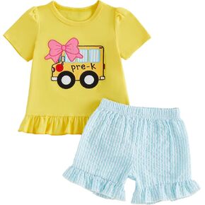 Toddler Girls Back to School Outfits Ruffle Tops Shorts 2Pcs Set | First Day Of School, Pre-K Kindergarten Outfits, Pre-K School Bus Apple Shirt, Gingham, Ruffle Hem, Puffle Sleeve. 18M-6Y. in Kuwait