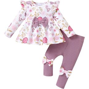 Renotemy Baby Girl Clothes Fall Winter Cute Toddler Girls Outfits 3M-3T | Long Sleeve Ribbed Sweatshirt And Pants Set,Toddler Girls Sweet Birthday Gifts,Cute Ruffle Bow Daily Holidays Clothting Set in Saudi Arabia