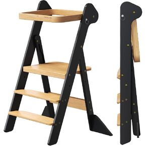 COSYLAND Foldi Foldable Toddler Kitchen Stool - Adjustable Height Toddler Standing Tower with Net & Safety Feet, IF Award-Winning Wooden Learning Step Tower for Kids 18M-6Y, Black & Natural | Adjustable Height Standing with Net & Safety Feet,IF Award-Winn in Kuwait