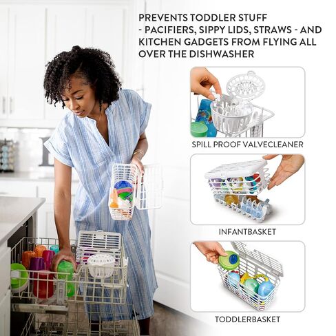 Prince Lionheart Made in USA High Capacity 3-in-1 Dishwasher and Spill Proof Vave Cleaner Basket for Toddlers & Infants Bottle Parts & Accessories | Fits all Dishwashers | 100% Recycled Plastic,White in Kuwait