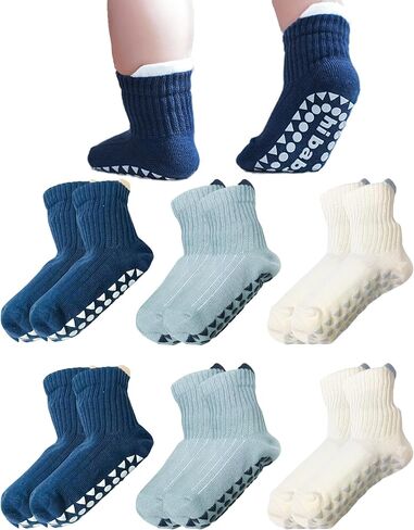 Toddler Cotton Crew Socks with Grips Boys Girls 1-3T 6 Pairs | Breathable, Non-Slip Silicone, Cute Shark Shape, Stretch Comfort Fit, Baby Walking, Indoor Floor Safe, All-Day Wear, Washable in Kuwait