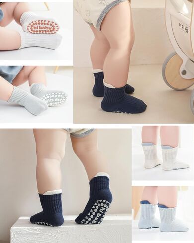 Toddler Cotton Crew Socks with Grips Boys Girls 1-3T 6 Pairs | Breathable, Non-Slip Silicone, Cute Shark Shape, Stretch Comfort Fit, Baby Walking, Indoor Floor Safe, All-Day Wear, Washable in Kuwait