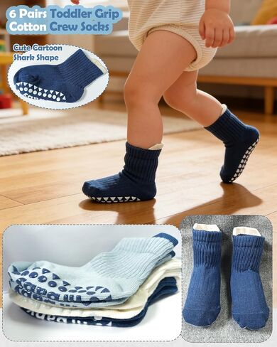 Toddler Cotton Crew Socks with Grips Boys Girls 1-3T 6 Pairs | Breathable, Non-Slip Silicone, Cute Shark Shape, Stretch Comfort Fit, Baby Walking, Indoor Floor Safe, All-Day Wear, Washable in Kuwait