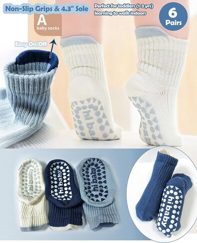 Toddler Cotton Crew Socks with Grips Boys Girls 1-3T 6 Pairs | Breathable, Non-Slip Silicone, Cute Shark Shape, Stretch Comfort Fit, Baby Walking, Indoor Floor Safe, All-Day Wear, Washable in Kuwait
