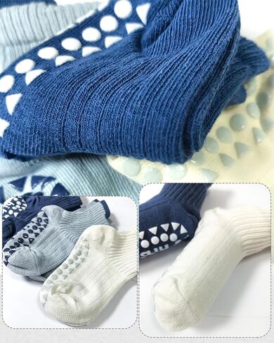 Toddler Cotton Crew Socks with Grips Boys Girls 1-3T 6 Pairs | Breathable, Non-Slip Silicone, Cute Shark Shape, Stretch Comfort Fit, Baby Walking, Indoor Floor Safe, All-Day Wear, Washable in Kuwait