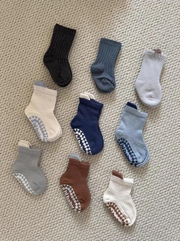 Toddler Cotton Crew Socks with Grips Boys Girls 1-3T 6 Pairs | Breathable, Non-Slip Silicone, Cute Shark Shape, Stretch Comfort Fit, Baby Walking, Indoor Floor Safe, All-Day Wear, Washable in Kuwait