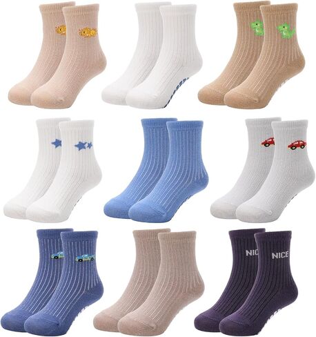 9 Pairs Toddler Anti Slip Grip Socks 1-3T Baby Cotton Crew Socks | Seamless Soft Cotton, Cute Dinosaur Car and Letter Prints, Non Slip Grips for toddler indoor walking and daily wear in Kuwait