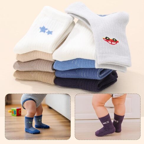 9 Pairs Toddler Anti Slip Grip Socks 1-3T Baby Cotton Crew Socks | Seamless Soft Cotton, Cute Dinosaur Car and Letter Prints, Non Slip Grips for toddler indoor walking and daily wear in Kuwait