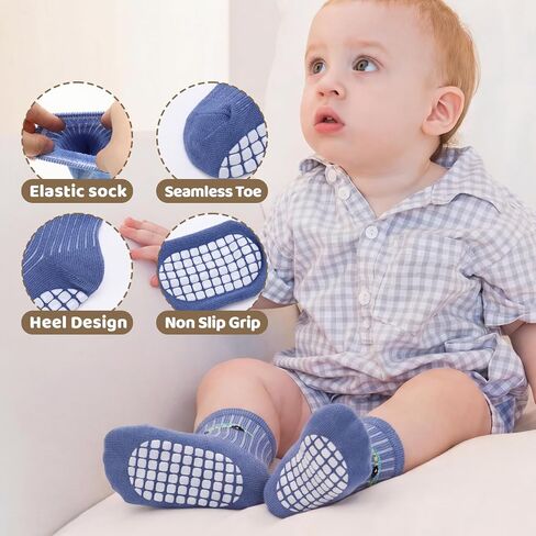 9 Pairs Toddler Anti Slip Grip Socks 1-3T Baby Cotton Crew Socks | Seamless Soft Cotton, Cute Dinosaur Car and Letter Prints, Non Slip Grips for toddler indoor walking and daily wear in Kuwait