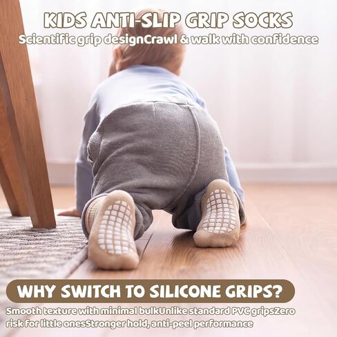 9 Pairs Toddler Anti Slip Grip Socks 1-3T Baby Cotton Crew Socks | Seamless Soft Cotton, Cute Dinosaur Car and Letter Prints, Non Slip Grips for toddler indoor walking and daily wear in Kuwait