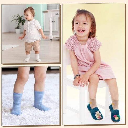9 Pairs Toddler Anti Slip Grip Socks 1-3T Baby Cotton Crew Socks | Seamless Soft Cotton, Cute Dinosaur Car and Letter Prints, Non Slip Grips for toddler indoor walking and daily wear in Kuwait