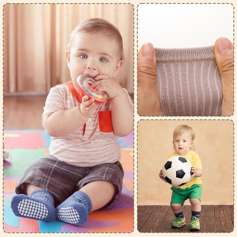 9 Pairs Toddler Anti Slip Grip Socks 1-3T Baby Cotton Crew Socks | Seamless Soft Cotton, Cute Dinosaur Car and Letter Prints, Non Slip Grips for toddler indoor walking and daily wear in Kuwait
