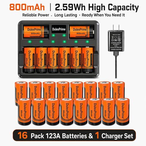 DulexPrime16-Pack ICR17335 NiMH 123A Rechargeable Batteries and Charger for Arlo VMS3130 VMC3030 3200 3330 3430 3530 Cameras, Alarm System, Flashlight in Kuwait