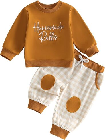 Afunbaby Thanksgiving Toddler Boy Girl Outfit Sweatshirt Pants Fall Clothes | Infant Fall Winter Clothes Homemade Rolls Embroidery Long Sleeve Sweatshirts Pullover Pants 2Pcs Set in Kuwait