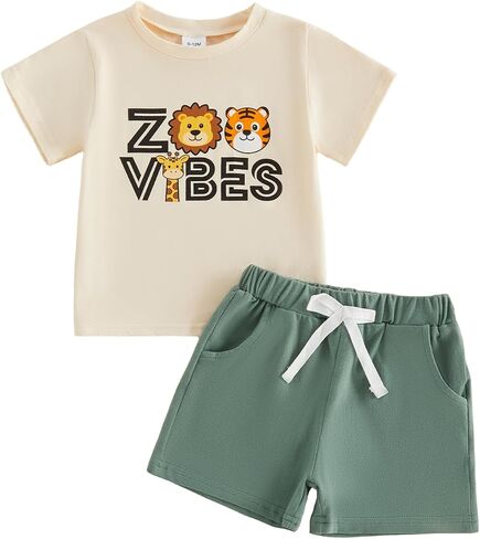 Kavousa Toddler Boy Summer Outfits Zoo Animal Shorts Sets | Baby Boy Short Sleeves T-Shirt Plaid Shorts Set Infant Boy Clothes Set in Kuwait
