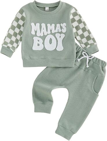 FOCUSNORM Toddler Baby Boy Fall Clothes Waffle Winter Outfits Letter Checkerboard Long Sleeve Sweatshirt and Pants 2 Pcs Sets in Kuwait