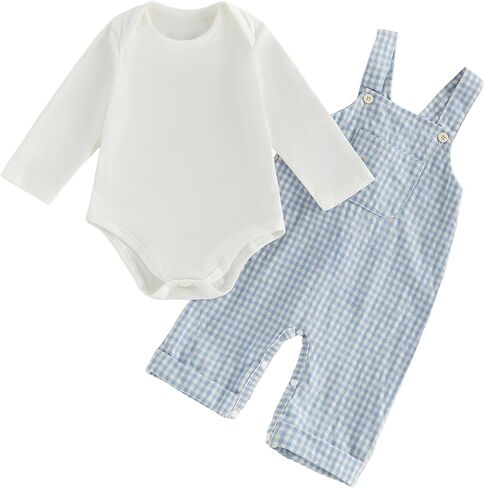 Newborn Infant Baby Boy Clothes Long Sleeve Romper Top Gingham Plaid Overall Pants Hat 3Pcs Fall Winter Outfits Set in Kuwait