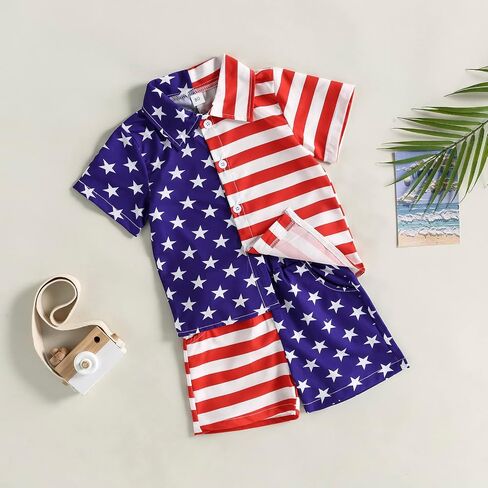 Kuriozud 4th July Outfits Toddler Baby Boy Independence Day Clothes American Flag Button Down Shirt Shorts Set 12 18 24Months 1t 2t 3t 4t 5t in Kuwait