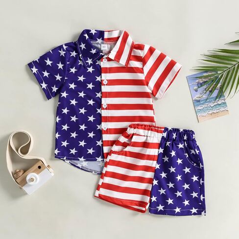 Kuriozud 4th July Outfits Toddler Baby Boy Independence Day Clothes American Flag Button Down Shirt Shorts Set 12 18 24Months 1t 2t 3t 4t 5t in Kuwait
