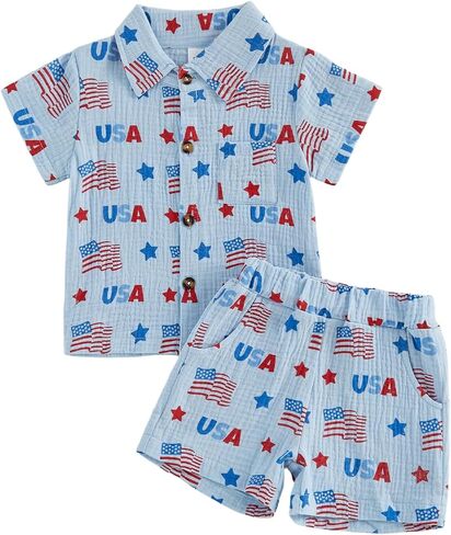 Toddler Baby Boy 4th of July Outfit American Flag Short Sleeve Button Down Shirt Shorts Set 2Pcs Cotton Linen Clothes in Kuwait