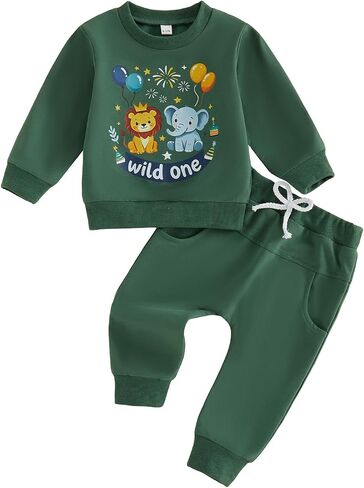 FYBITBO Baby Boy First Birthday Outfit Wild One Safari Animal Sweatshirt Pants Fall Winter 1st Birthday Outfits Clothes Set in Kuwait