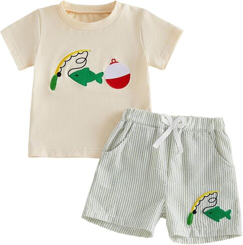 Karuedoo Toddler Baby Boy Fishing Outfit Fish Embroidery Short Sleeve T Shirt Tops Stripe Shorts Set Cute Summer Clothes in Kuwait