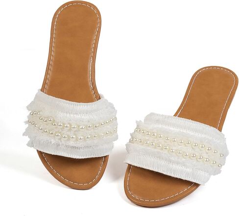 Women’s Flat Sandals, Open Toe Beach Sandals with Pearl Chain for Vacation | Comfortable Cushioning Insole, Slip-on Summer Sandals with Non Slip Soles for Vacation Commuting Shopping Beach in Kuwait