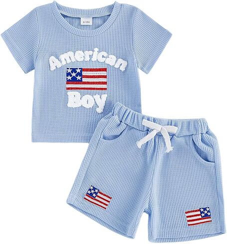 Afunbaby 4th Of July Toddler Baby Boy Outfit Fourth Of July Usa Flag Embroidery Waffle Stripes T-Shirt Tops Shorts Summer Set in Kuwait