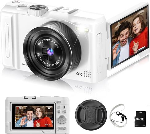 4K Digital Camera for Photography, 3" 180° Flip Screen with 64GB Card | 50MP Vlogging Camera, 4K Video Recording, 18X Digital Zoom, Built-In Flash, Compact Travel Size, Great For Teens & Beginner in Kuwait