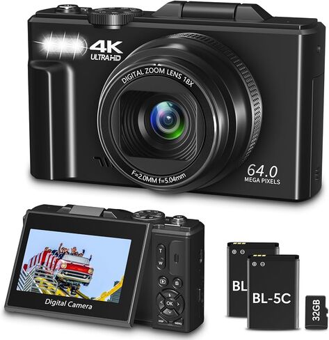 4K Digital Camera for Photography with WiFi & 18X Digital Zoom | 64MP Vlogging Camera for YouTube, 3'' Flip Screen and 32GB TF Card & 2 Batteries, Webcam Function, Black in Kuwait