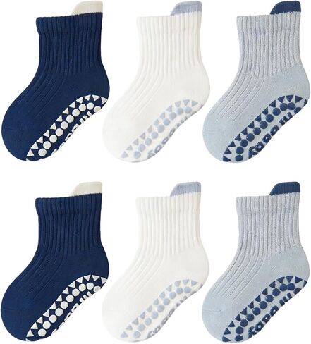 6 Pairs Toddler-Boys-Grips Socks-Kids-Baby-Cotton Crew Socks With Grippers in Kuwait