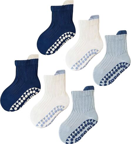 6 Pairs Toddler-Boys-Grips Socks-Kids-Baby-Cotton Crew Socks With Grippers in Kuwait
