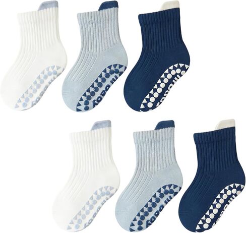 6 Pairs Toddler-Boys-Grips Socks-Kids-Baby-Cotton Crew Socks With Grippers in Kuwait
