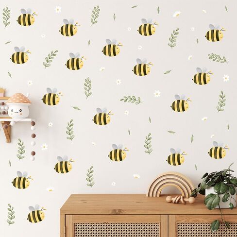 Cute Bee Wall Stickers Watercolor Boho Bumble Bee Wall Decals Insects Decor | Cartoon Insect Wall Stickers, Peel And Stick, Small Bees Decals, Daisy Floral Leaf Wall Stickers, for Nursery Kids Room Decor in Kuwait