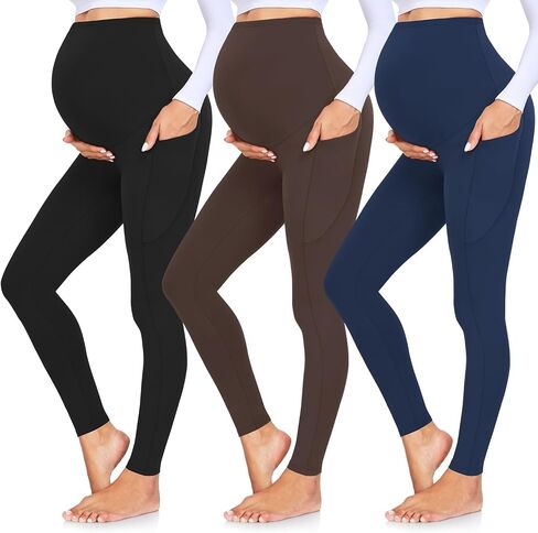 GROTEEN 3 Pack Women's Maternity Leggings Over The Belly with Pockets Casual Athletic Home Yoga Pants Gifts for Pregnant Wife Lightning Deal Black/Brown/Navy Blue in Kuwait