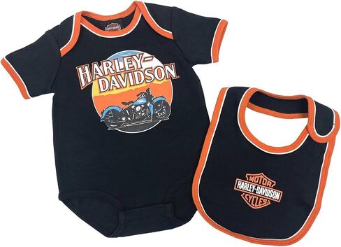 Harley-Davidson Baby Boys' Short Sleeve Infant Creeper & Bib Set, Black/Orange in Kuwait
