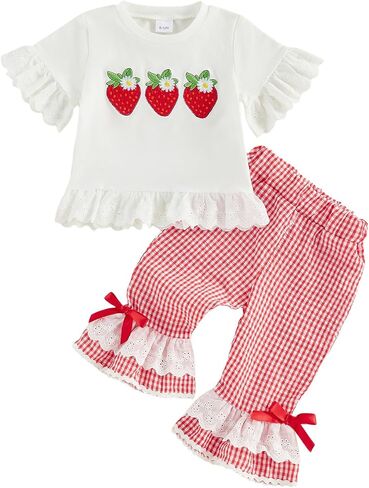 VISGOGO Baby Girl 2PCS Ruffle Outfit Strawberry/Apple Embroidered Top Gingham Pants Set Toddler Kids Girl Summer Clothes in Kuwait
