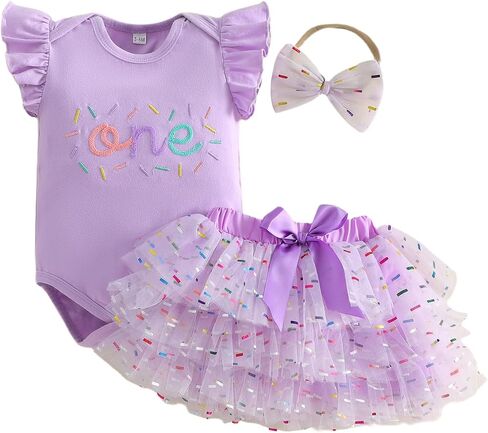 Baby Girl First Birthday Outfit One Year Old Sprinkle Romper Bodysuit Tulle Tutu Skirt with Headband in Kuwait