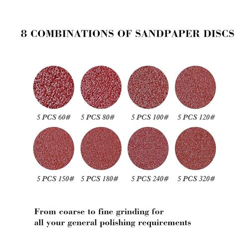40 Sheets Sanding Discs Kit, 60/80/100/120/150/180/240/320 Grit, 5 inch Sandpaper Sander Round Sand Paper for Orbital Sanders,Premium PE Backing, Wood, Metal, Auto Sandpaper Assortment in Kuwait